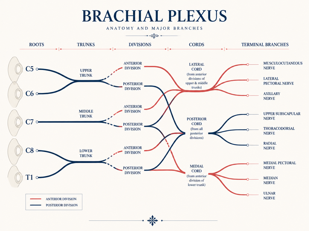 Brachial plexus diagram showing roots, trunks, divisions, cords and terminal branches